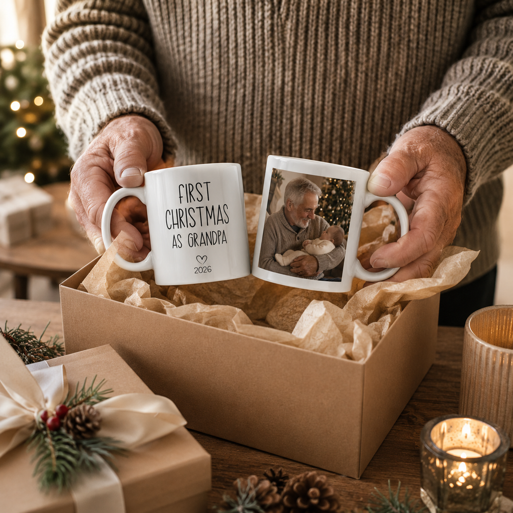Personalized first Christmas grandpa photo mug displayed as a gift