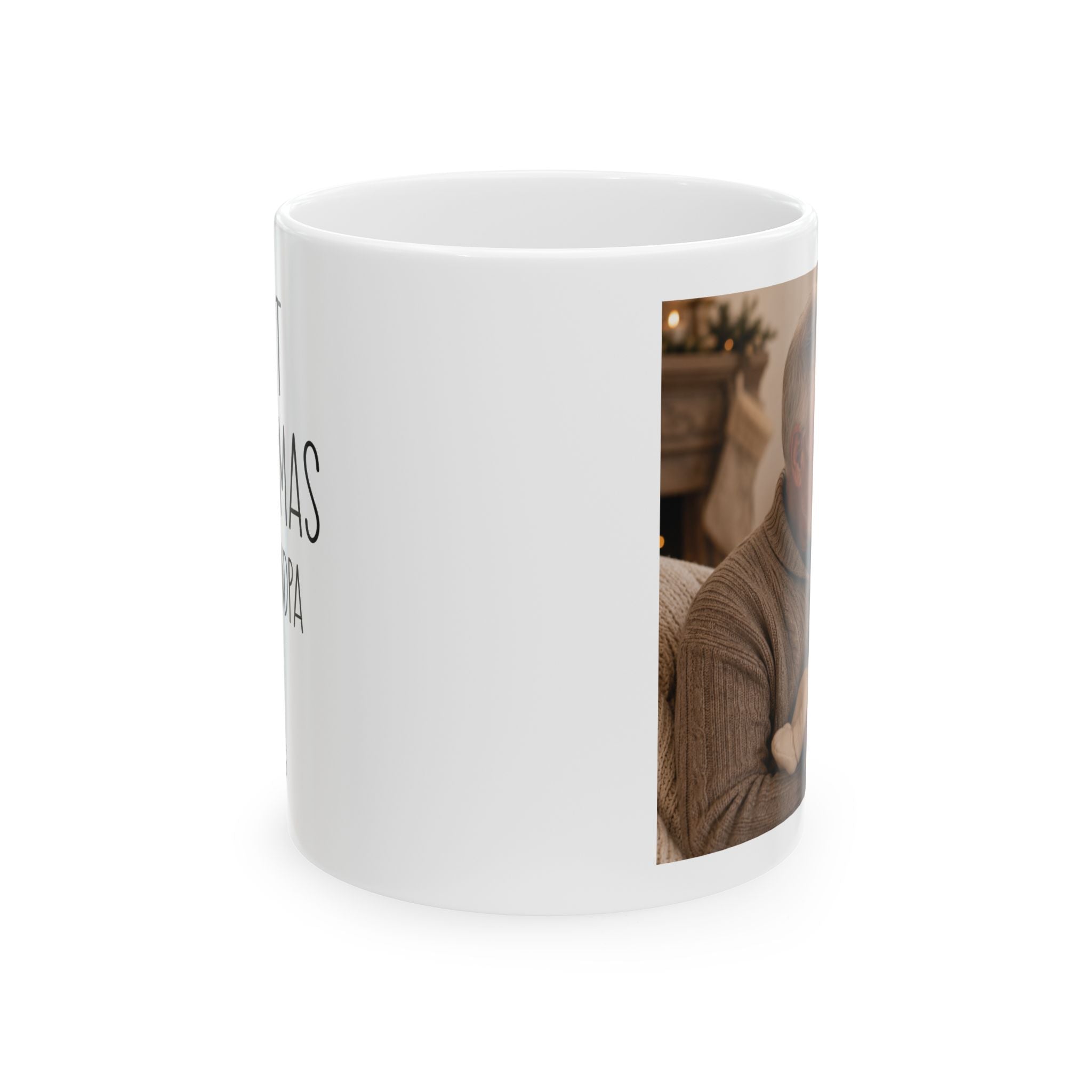 Personalized first Christmas grandpa photo mug held in hand