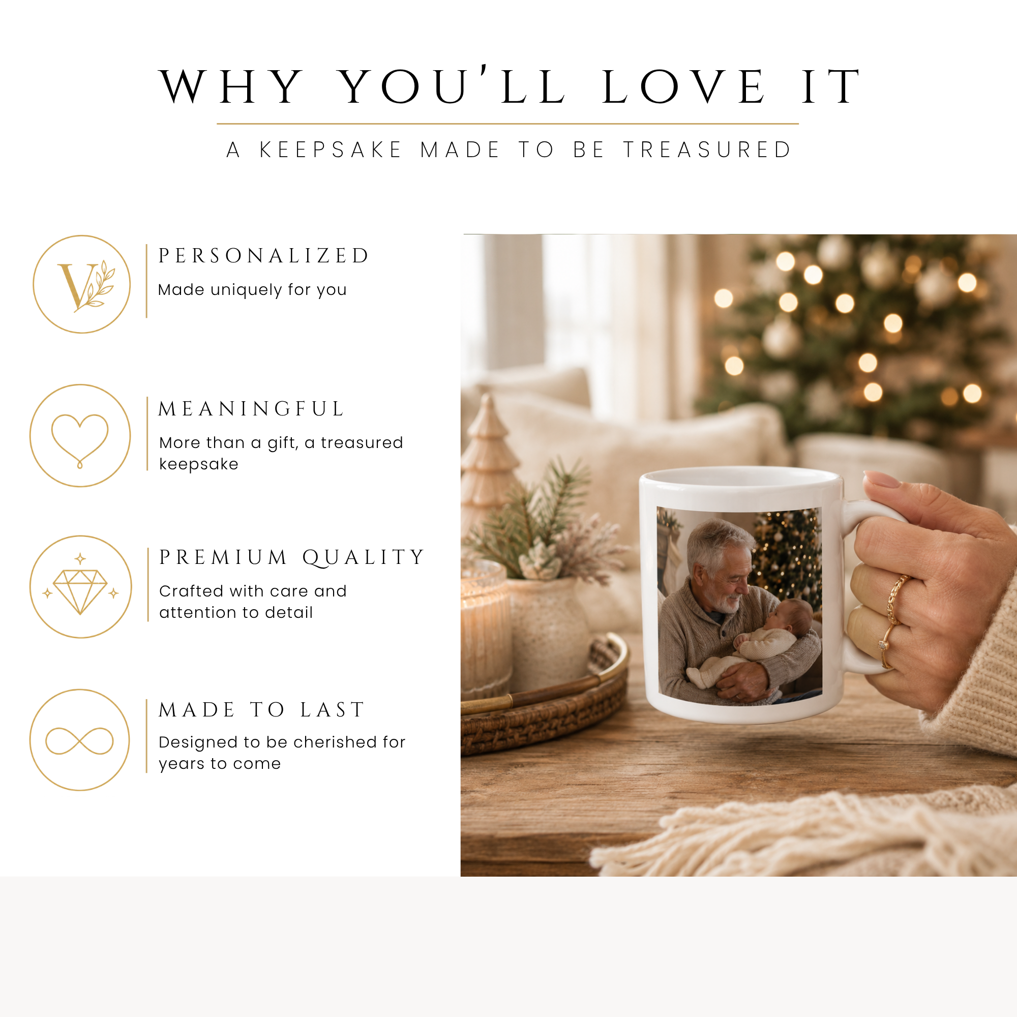 Personalized first Christmas grandpa photo mug, handle-side view