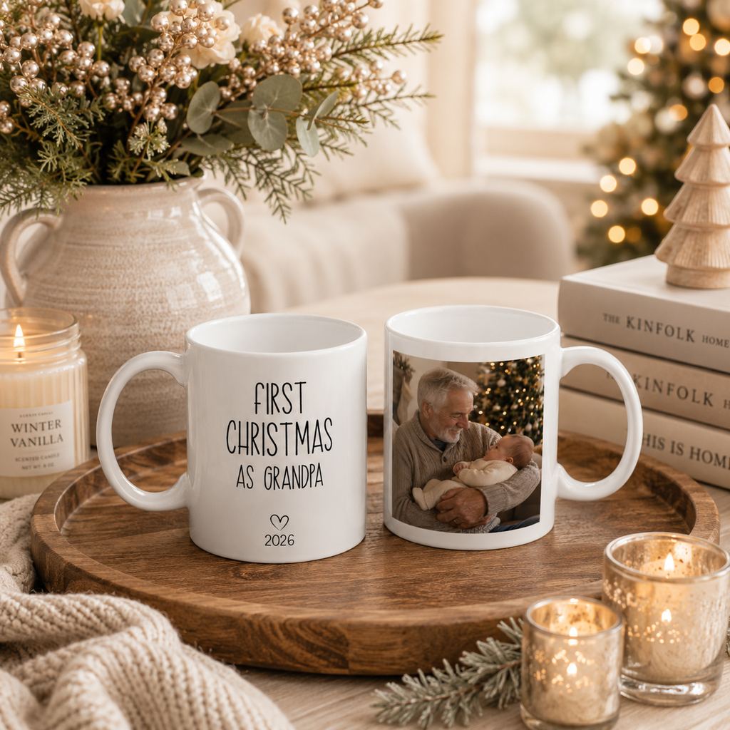 Personalized first Christmas grandpa photo mug shown from the side