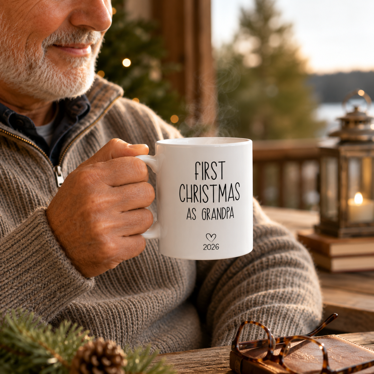 Personalized first Christmas grandpa photo mug size and detail view, 11oz and 15oz