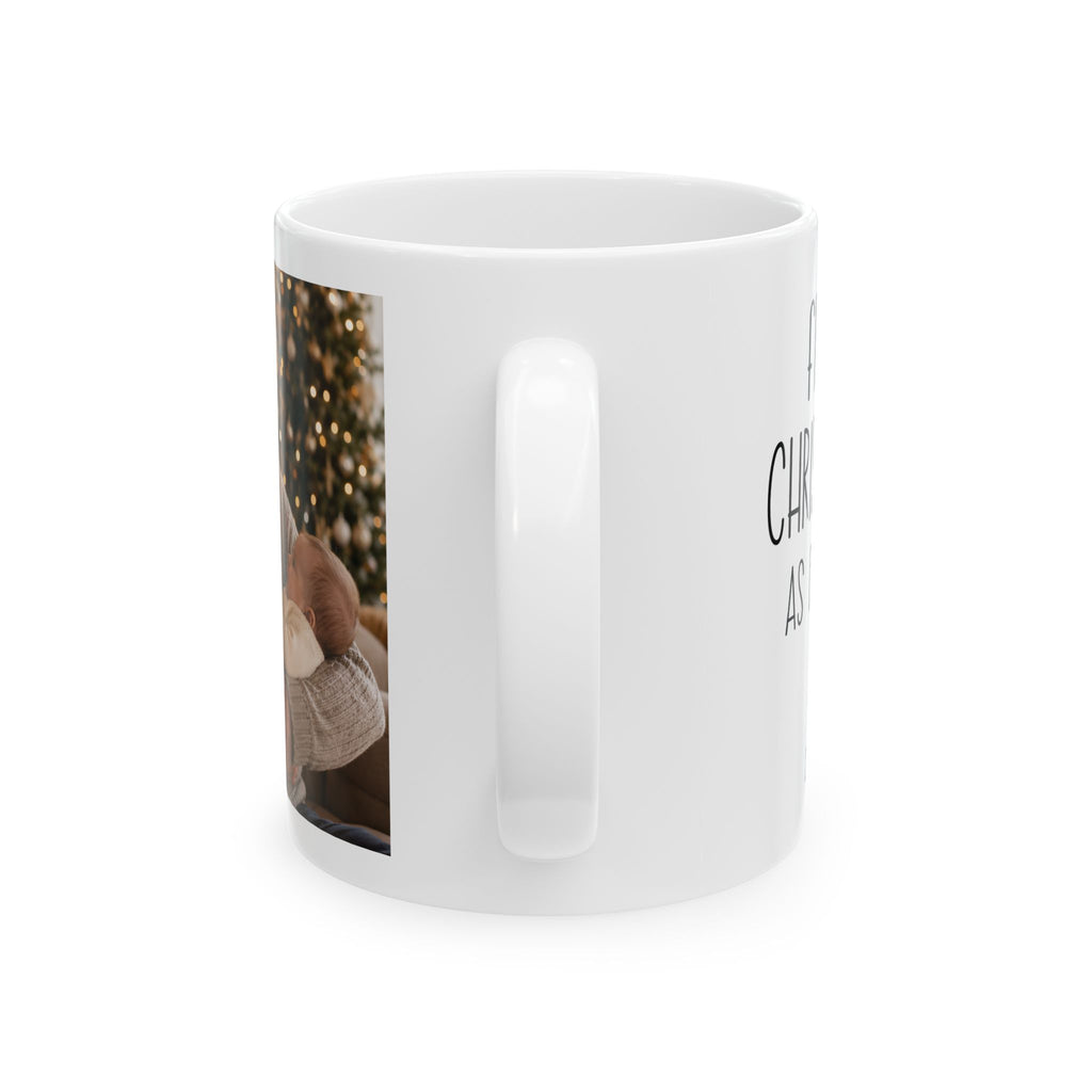Personalized first Christmas grandpa photo mug shown on a table as a Christmas gift