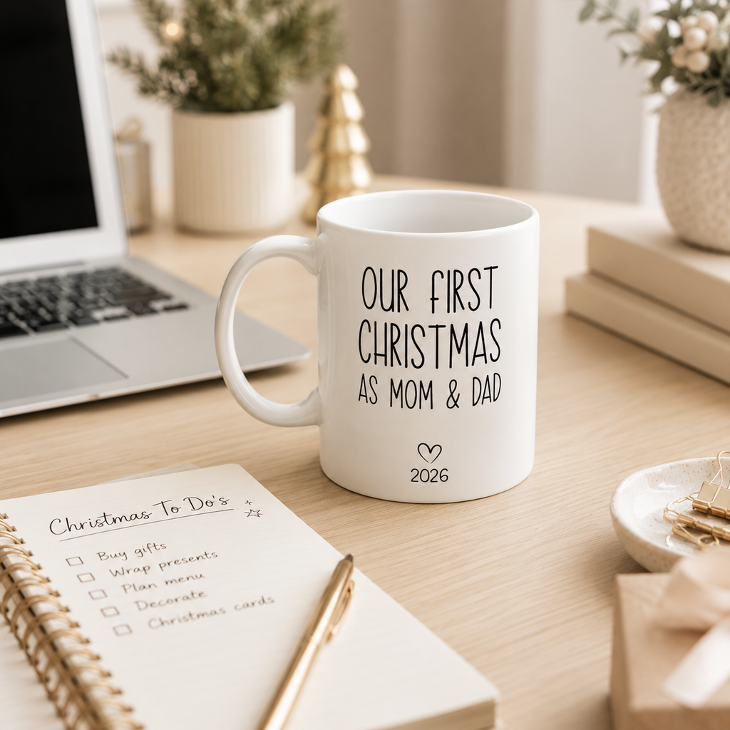 Personalized first Christmas new parents mug displayed as a gift