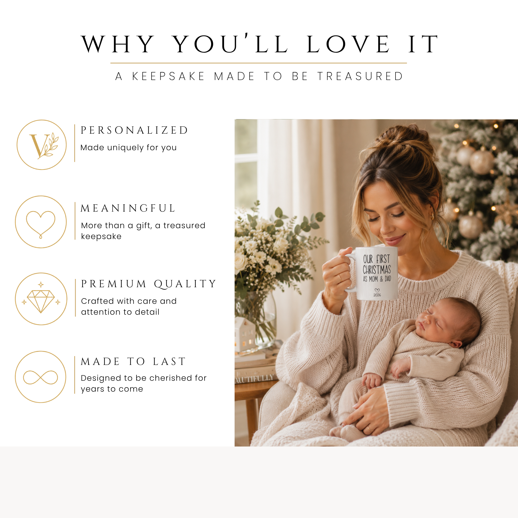 Personalized first Christmas new parents mug, handle-side view