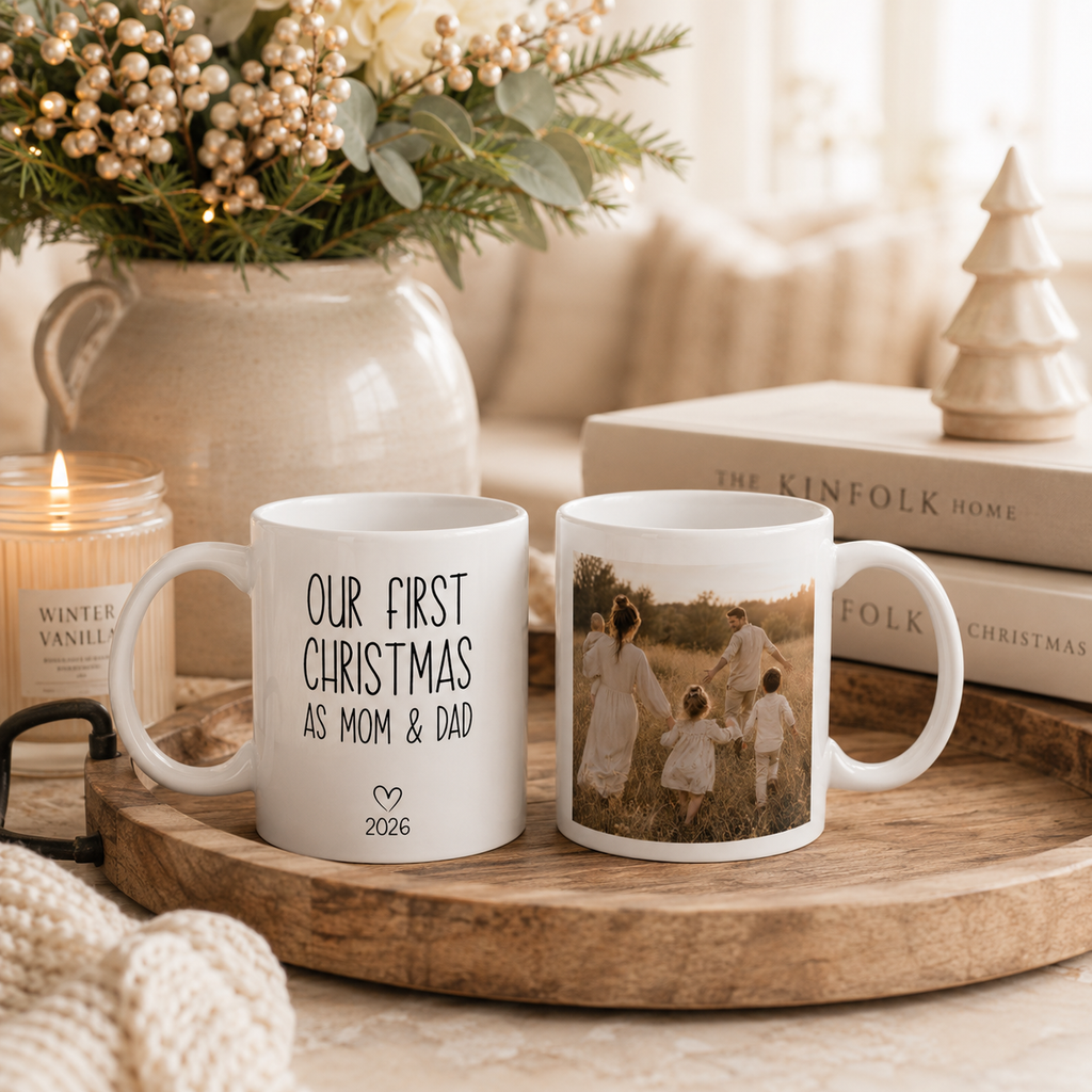 Personalized first Christmas new parents mug shown from the side