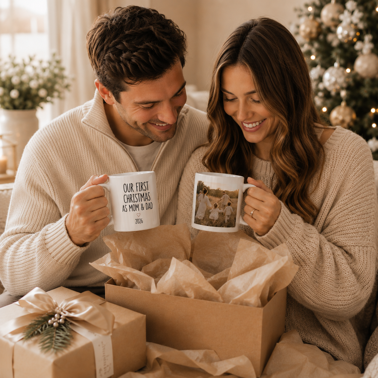 Personalized first Christmas new parents mug size and detail view, 11oz and 15oz