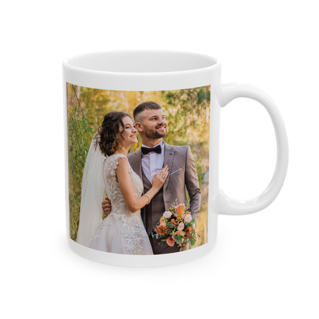 Personalized first Christmas married photo mug displayed on a desk