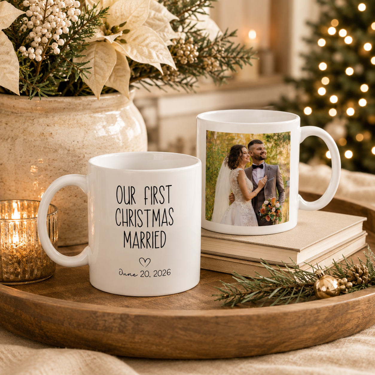 Personalized first Christmas married photo mug displayed as a gift