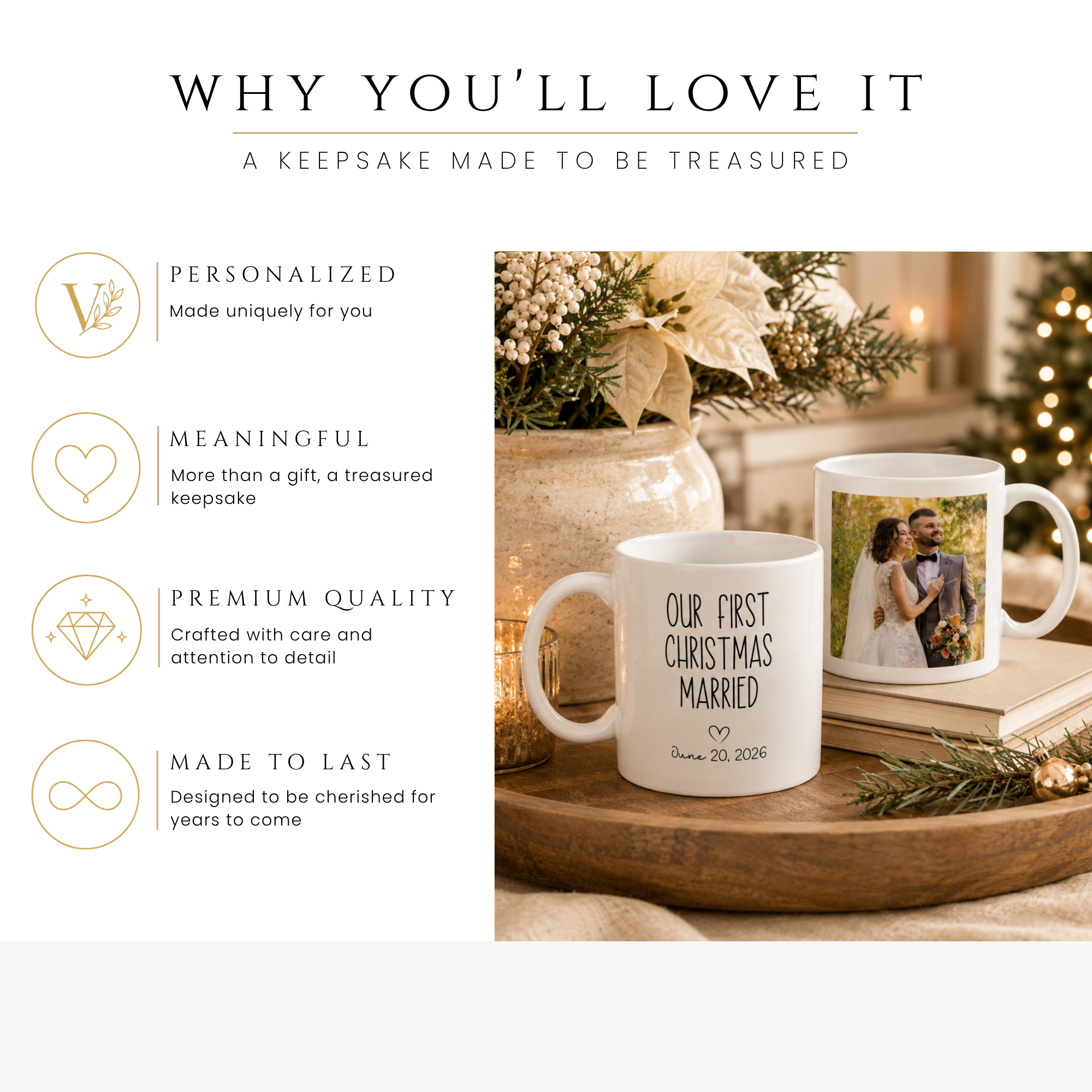 Personalized first Christmas married photo mug, handle-side view