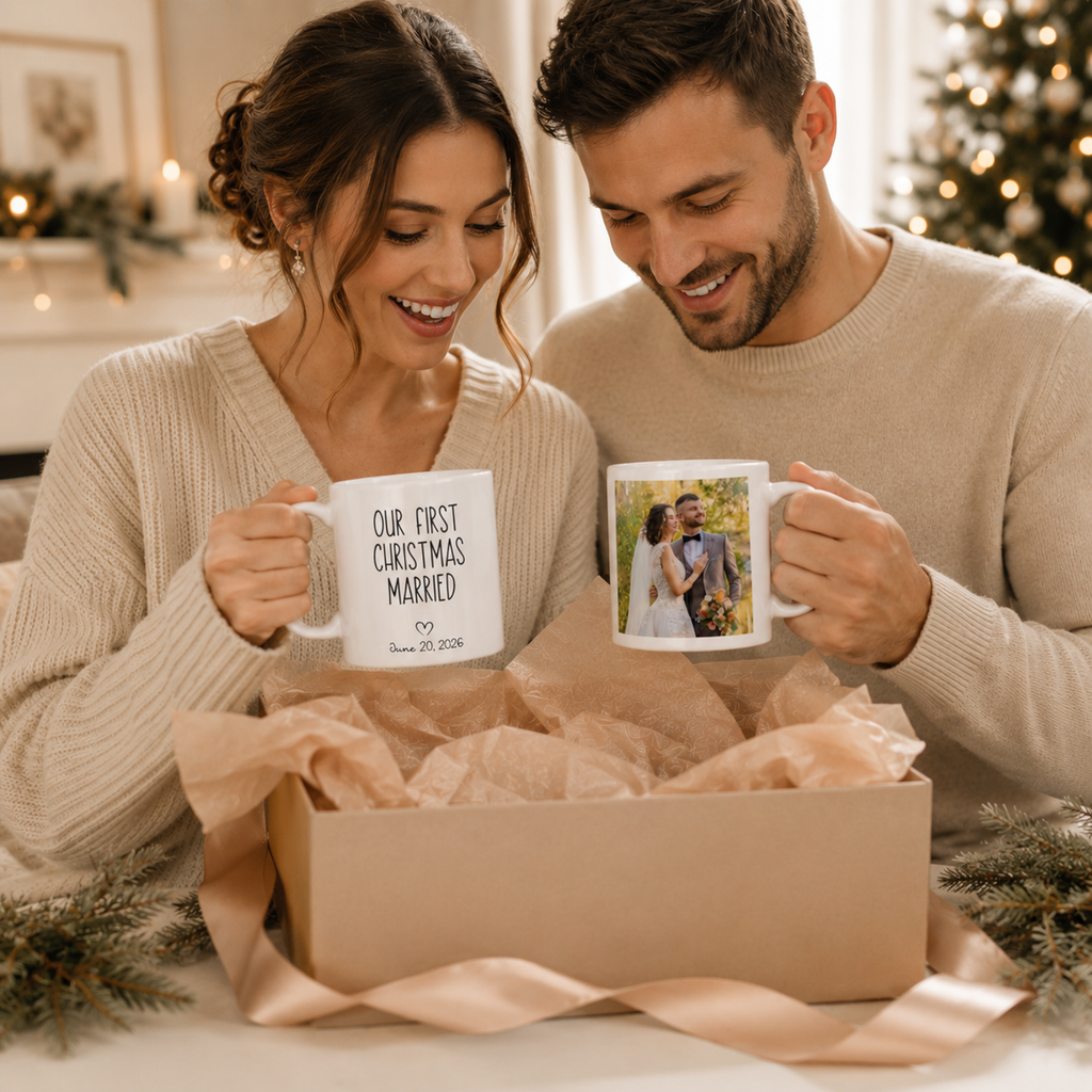 Personalized first Christmas married photo mug in everyday use