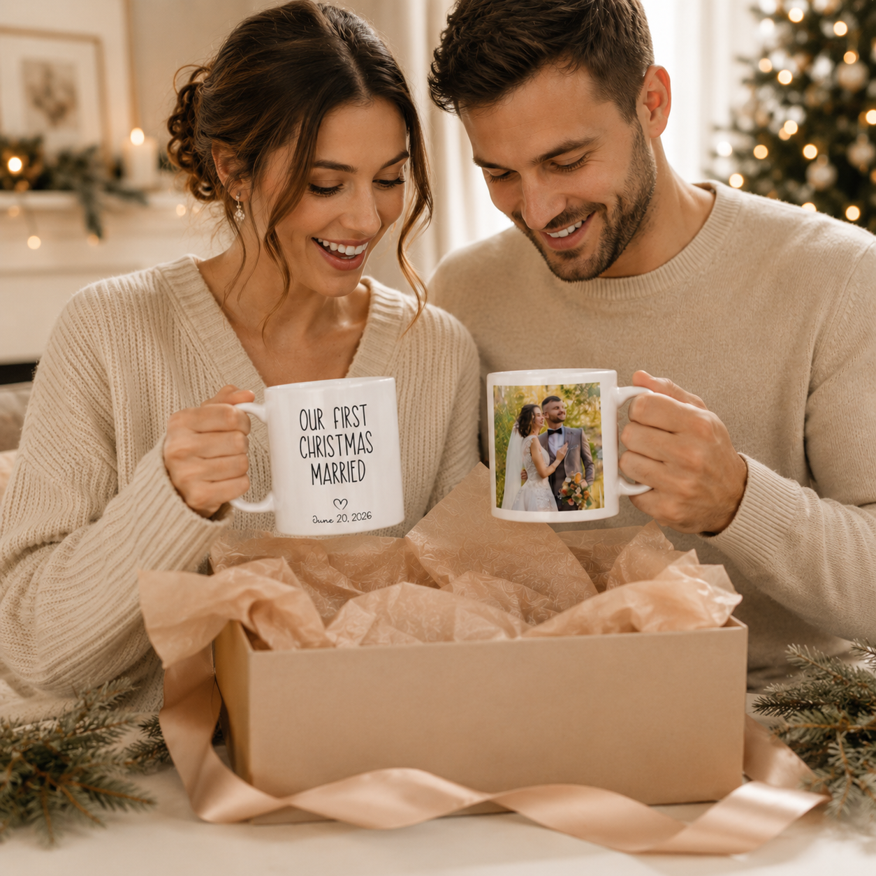 Personalized first Christmas married photo mug in everyday use