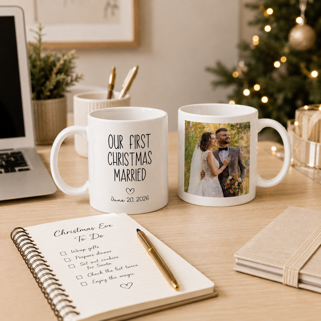 Personalized first Christmas married photo mug shown from the side
