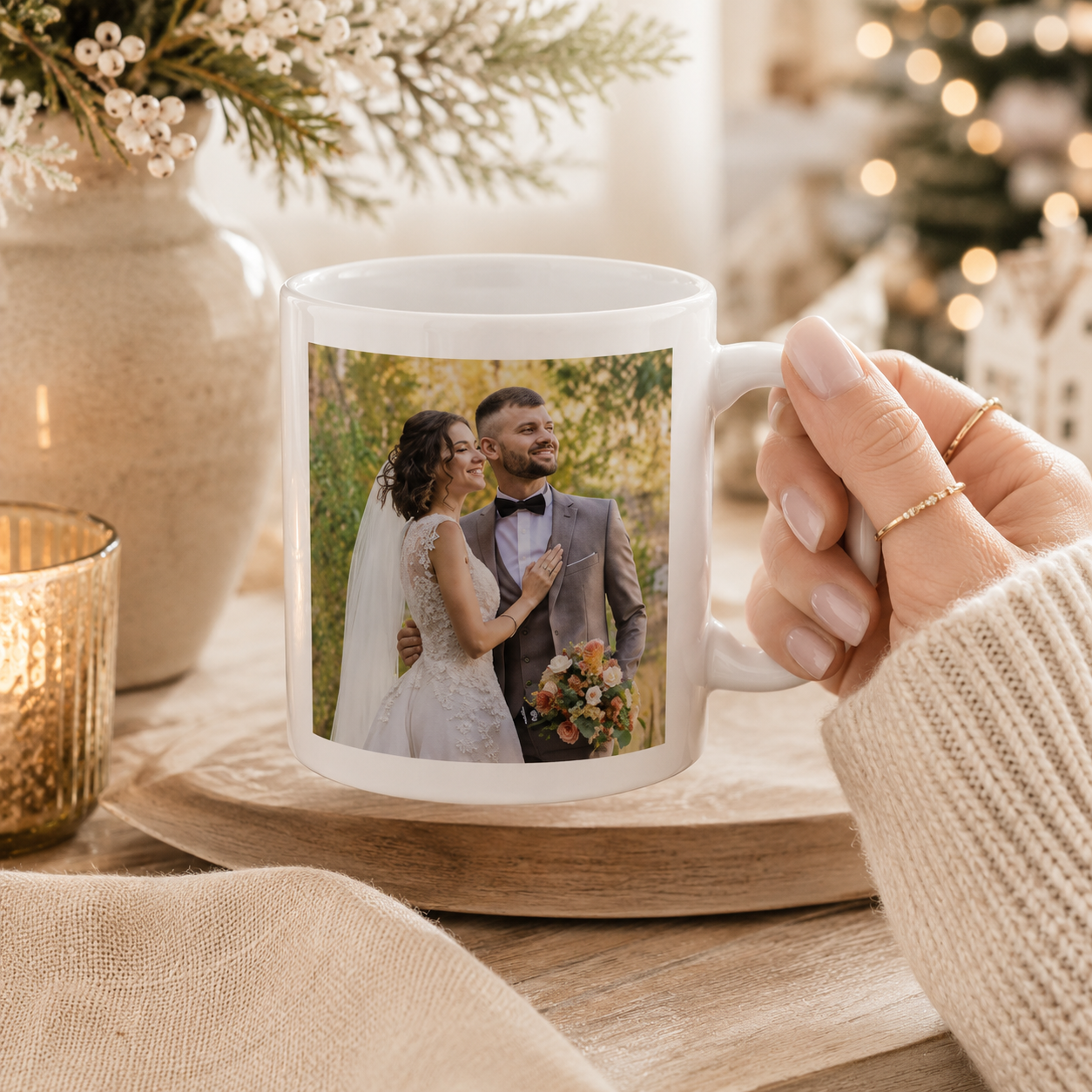 Personalized first Christmas married photo mug size and detail view, 11oz and 15oz