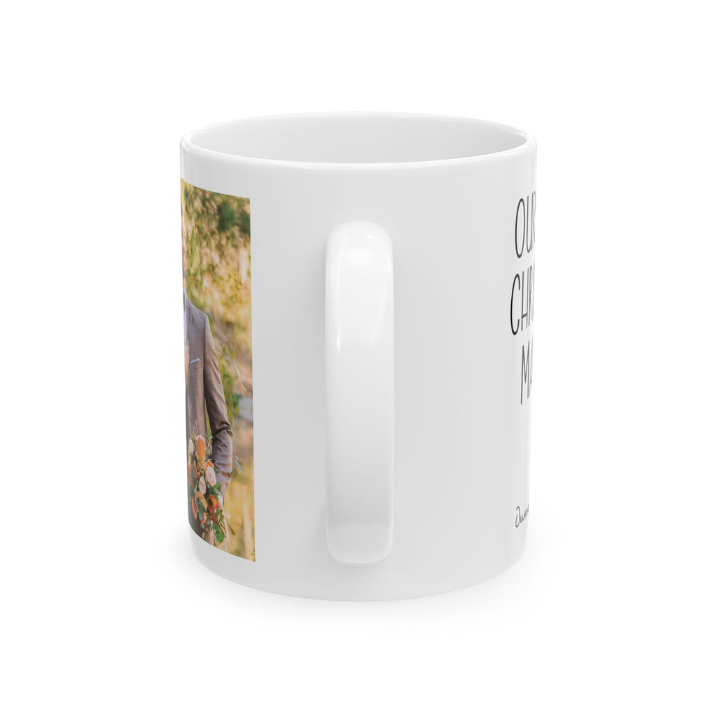 Personalized first Christmas married photo mug shown on a table as a Christmas gift