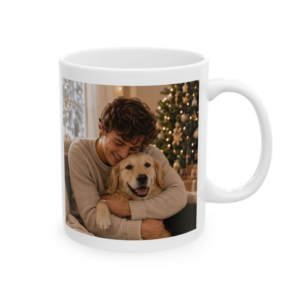Personalized first Christmas pet photo mug displayed on a desk