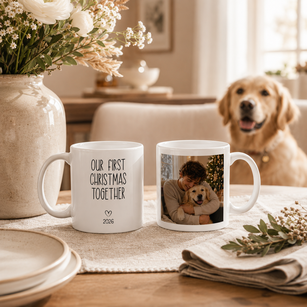 Personalized first Christmas pet photo mug displayed as a gift