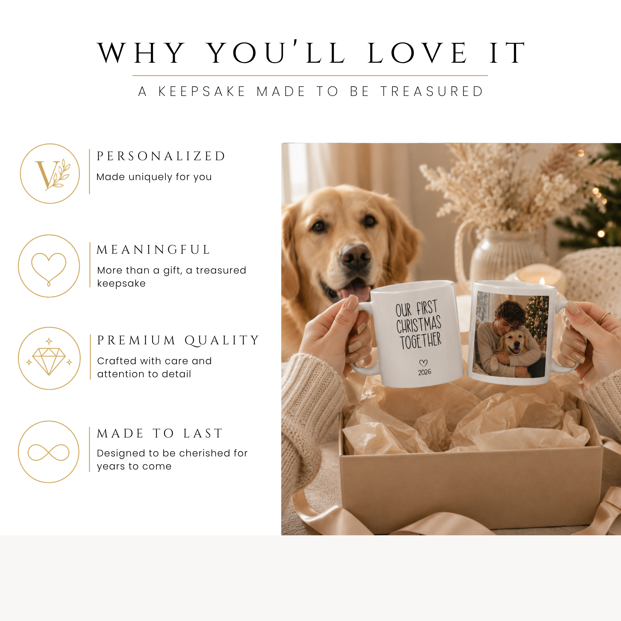 Personalized first Christmas pet photo mug, handle-side view