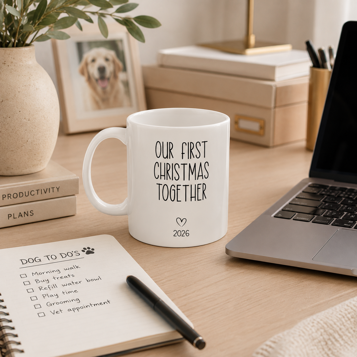 Personalized first Christmas pet photo mug in everyday use