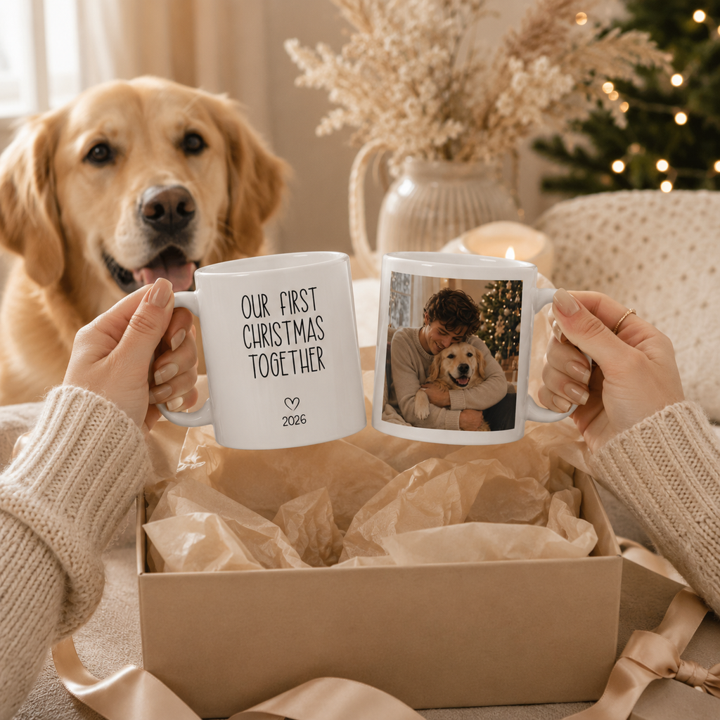 Personalized first Christmas pet photo mug shown from the side