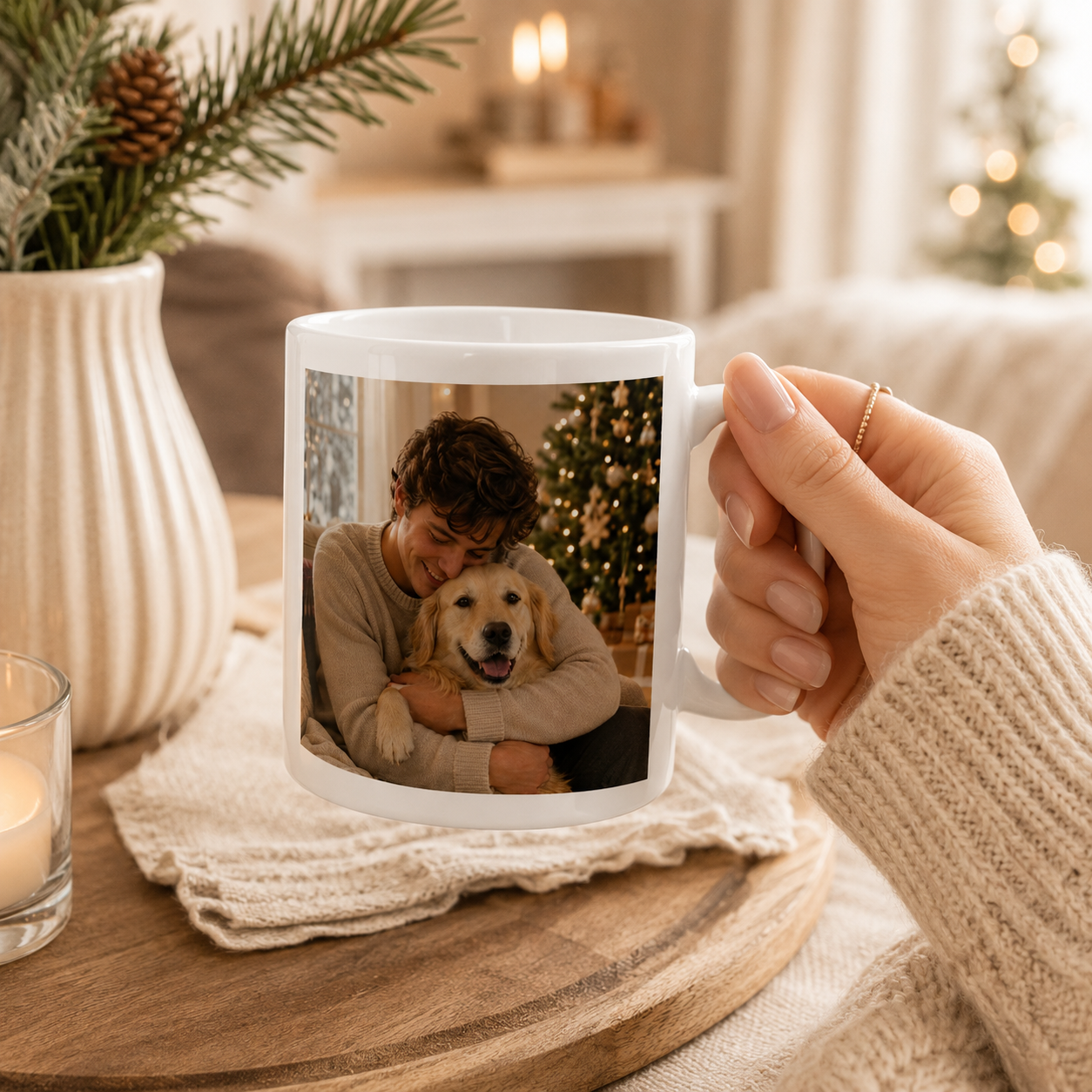 Personalized first Christmas pet photo mug size and detail view, 11oz and 15oz