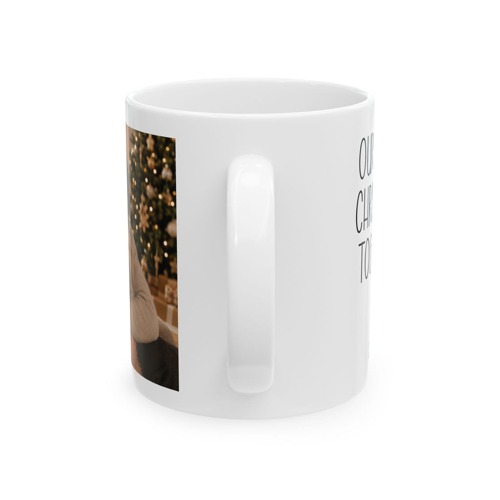 Personalized first Christmas pet photo mug shown on a table as a Christmas gift