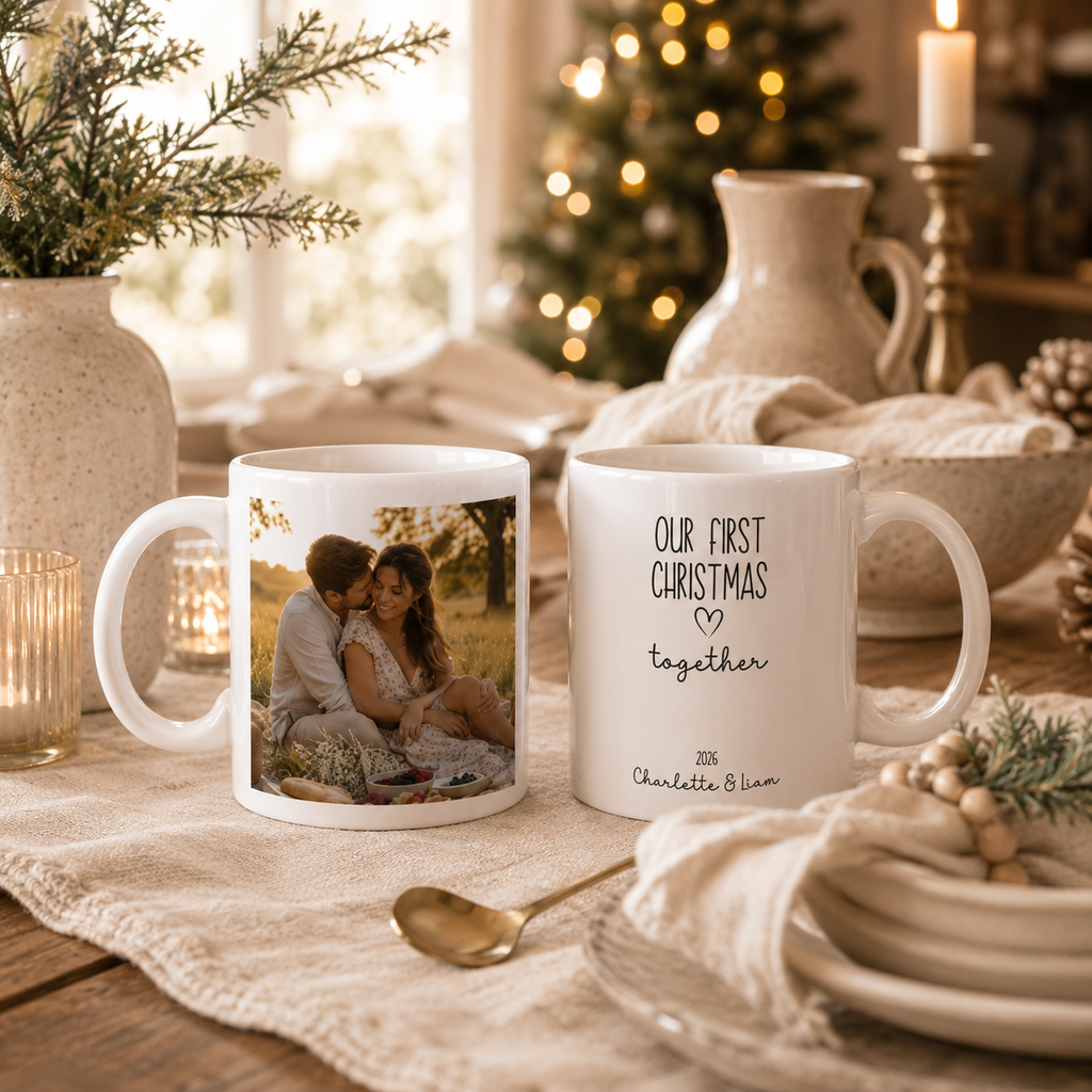 Personalized first Christmas couple photo mug displayed as a gift