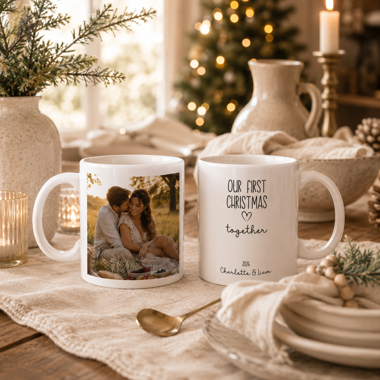 Personalized first Christmas couple photo mug displayed as a gift