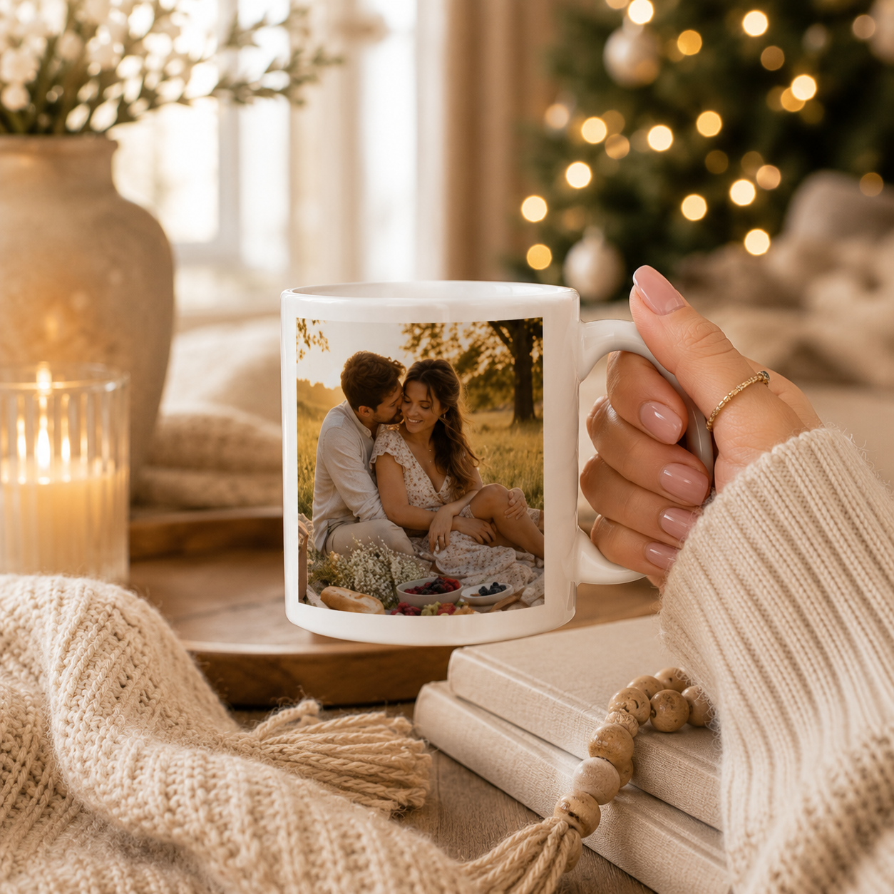 Personalized first Christmas couple photo mug shown as a Christmas gift for couple