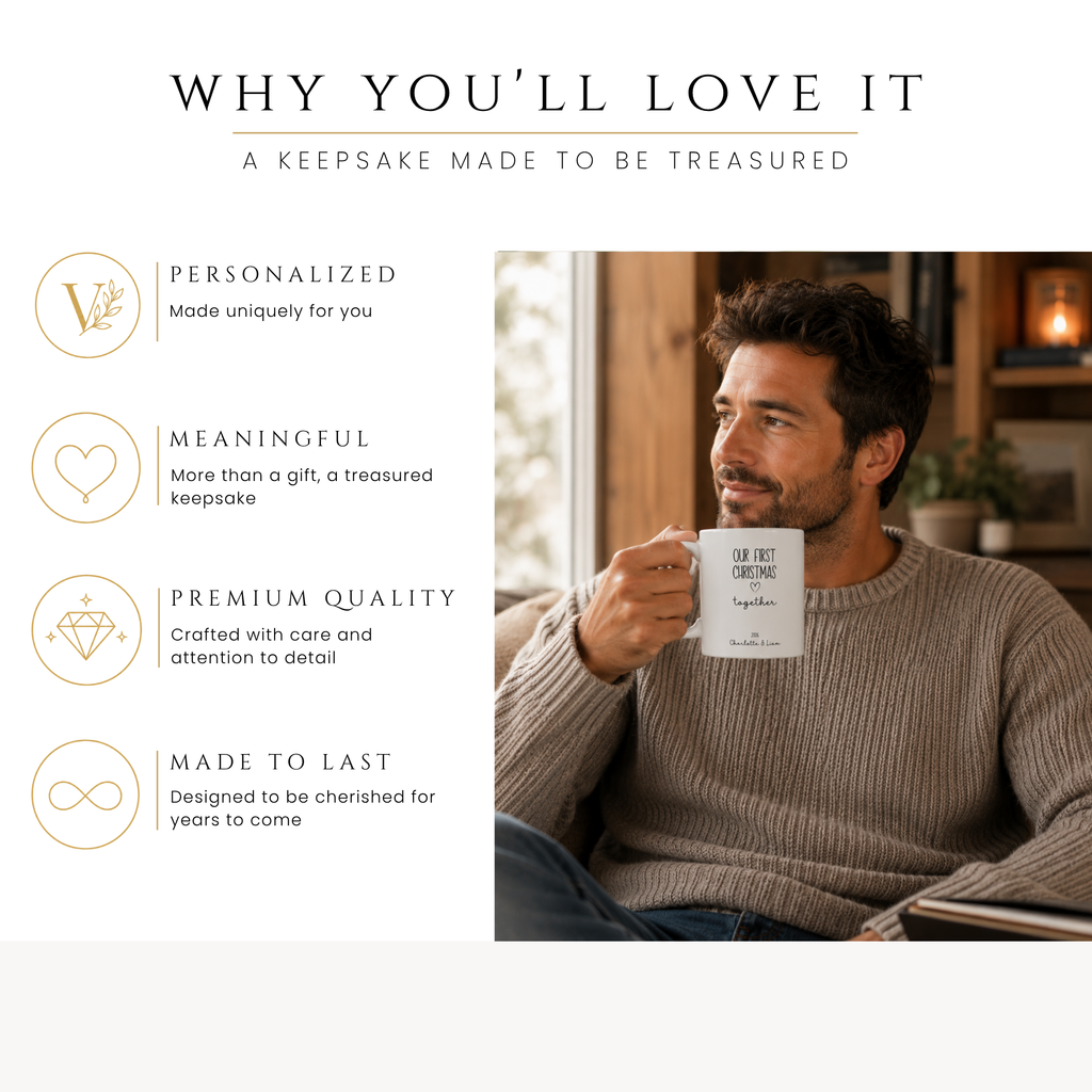Personalized first Christmas couple photo mug, handle-side view