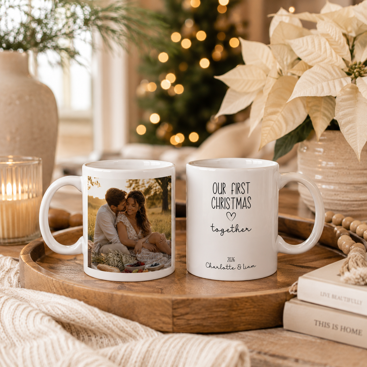 Personalized first Christmas couple photo mug shown from the side