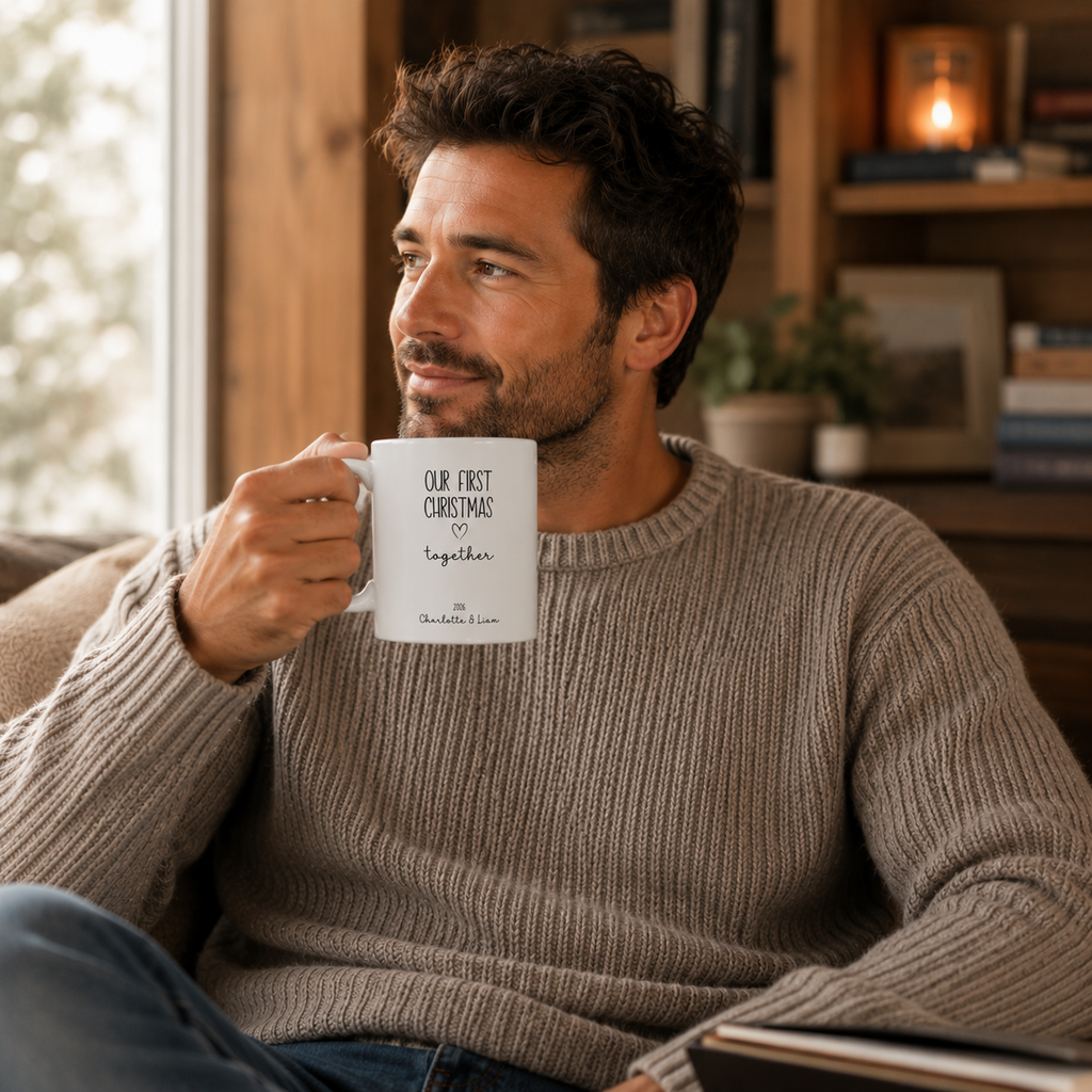 Personalized first Christmas couple photo mug size and detail view, 11oz and 15oz