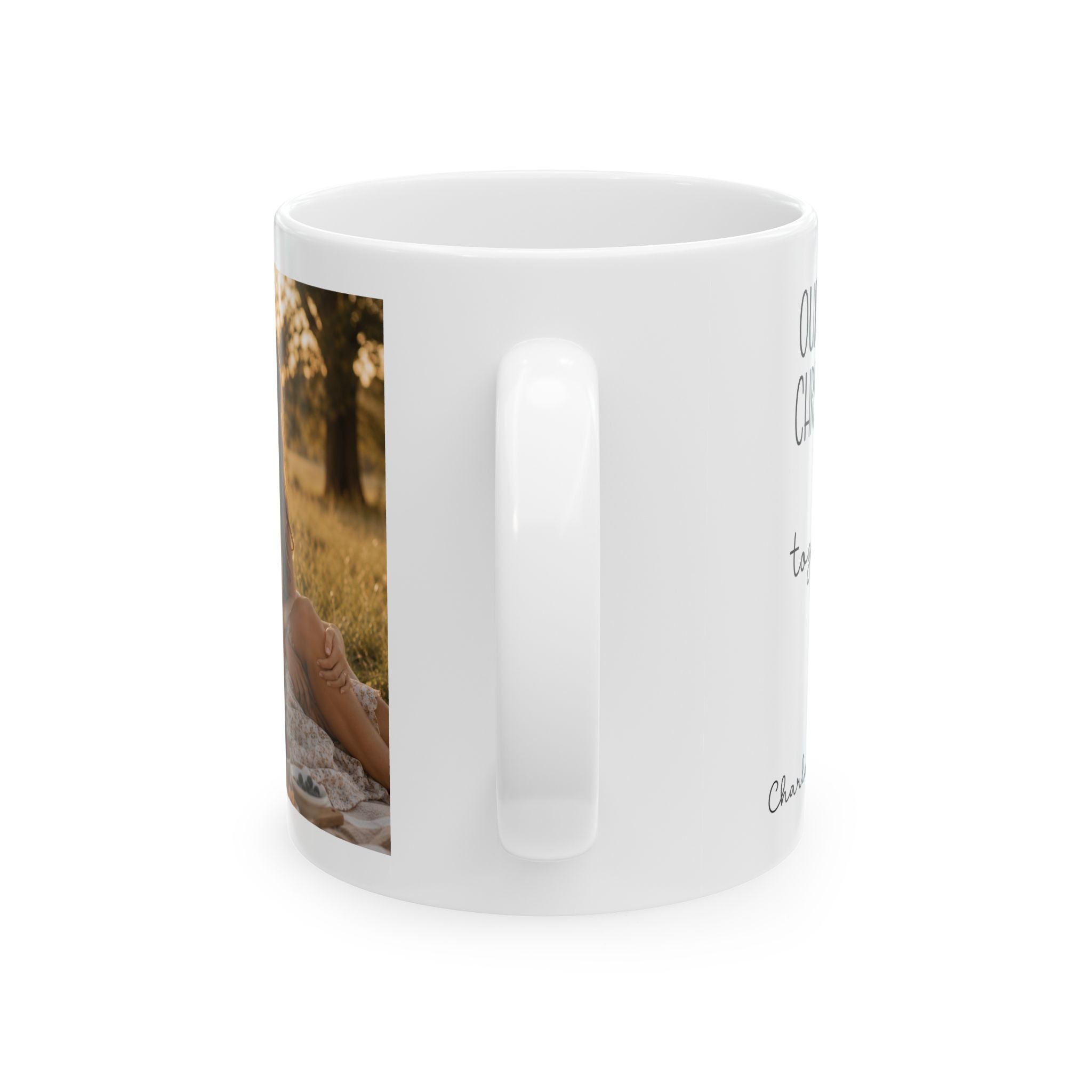 Personalized first Christmas couple photo mug shown on a table as a Christmas gift