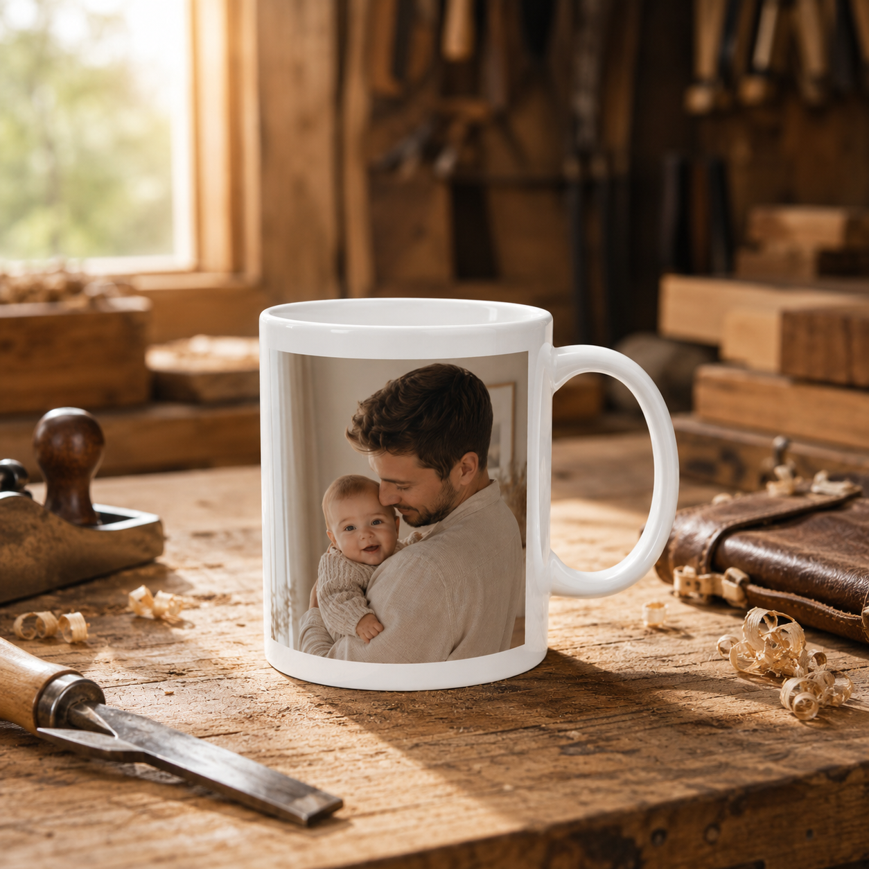 Personalized new dad photo mug size and detail view, 11oz and 15oz