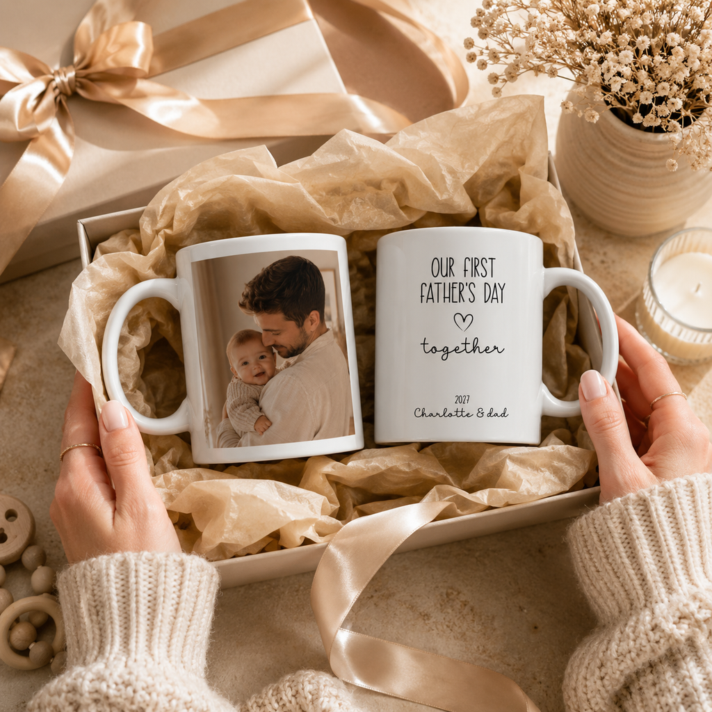 Personalized new dad photo mug shown on a table as a Father's Day gift