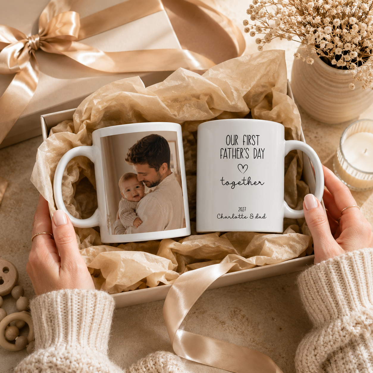 Personalized new dad photo mug shown on a table as a Father's Day gift
