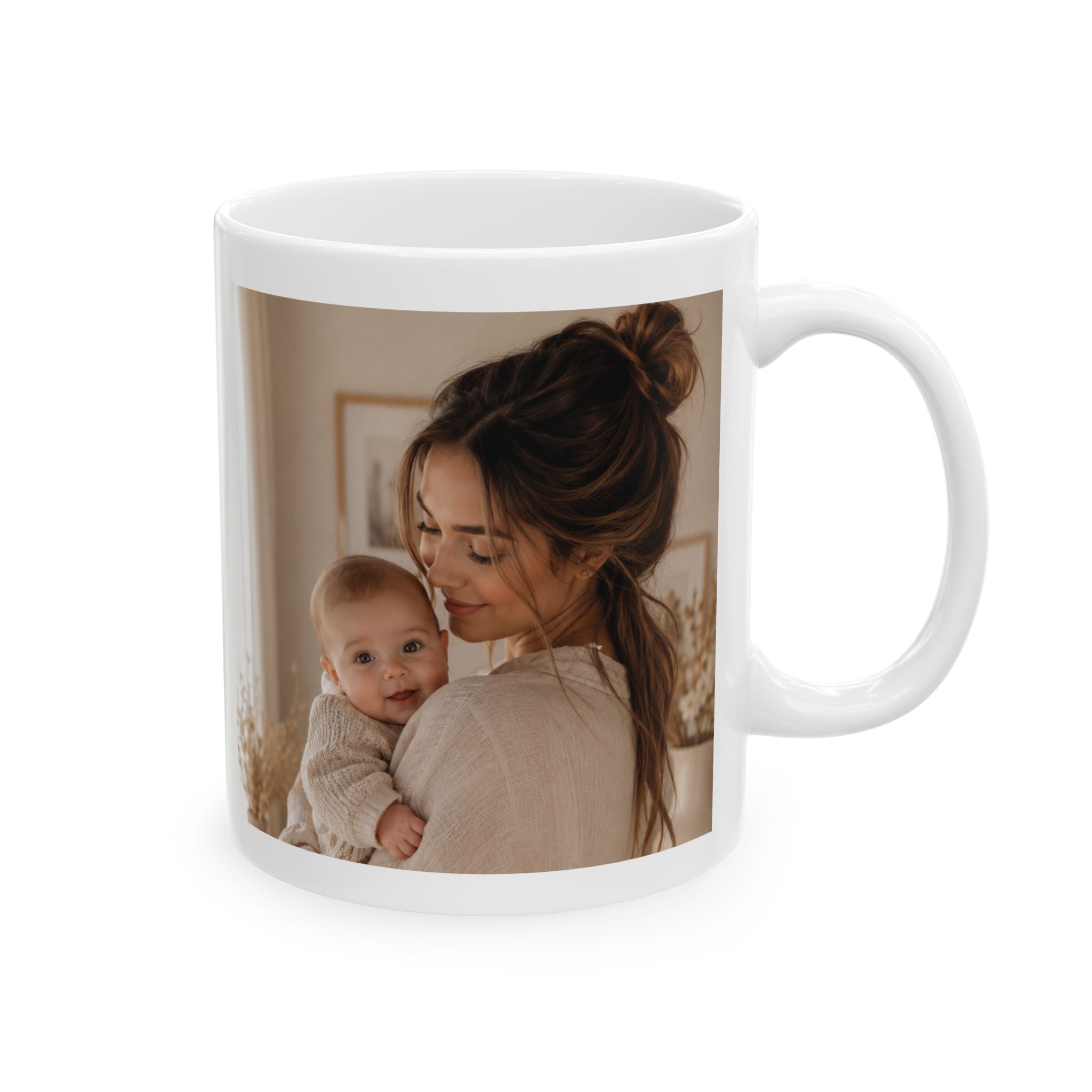 Personalized new mom photo mug displayed on a desk
