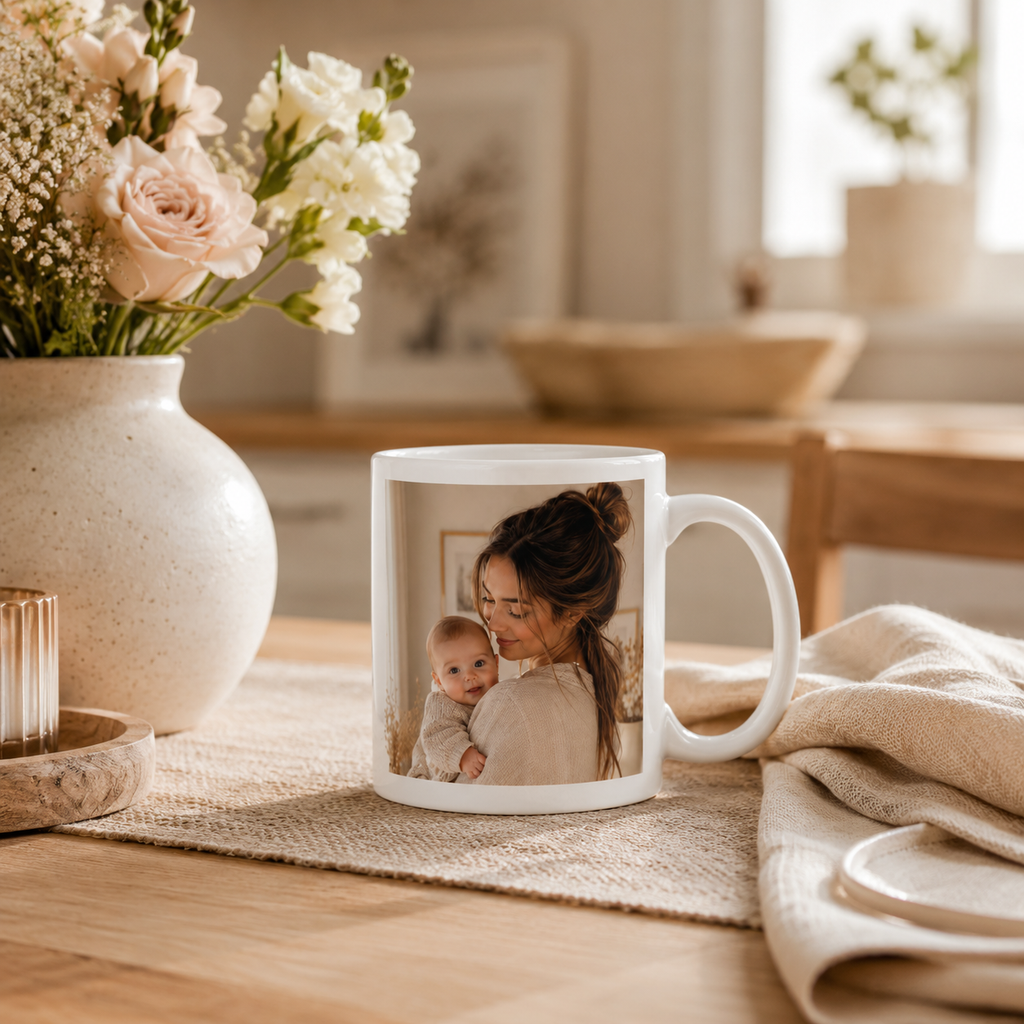 Personalized ceramic mug features — dishwasher and microwave safe