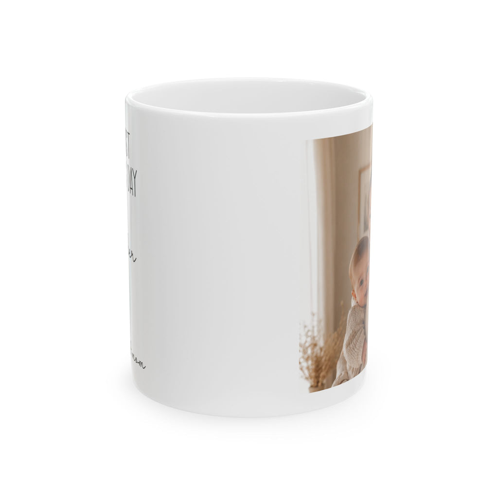 Personalized new mom photo mug held in hand