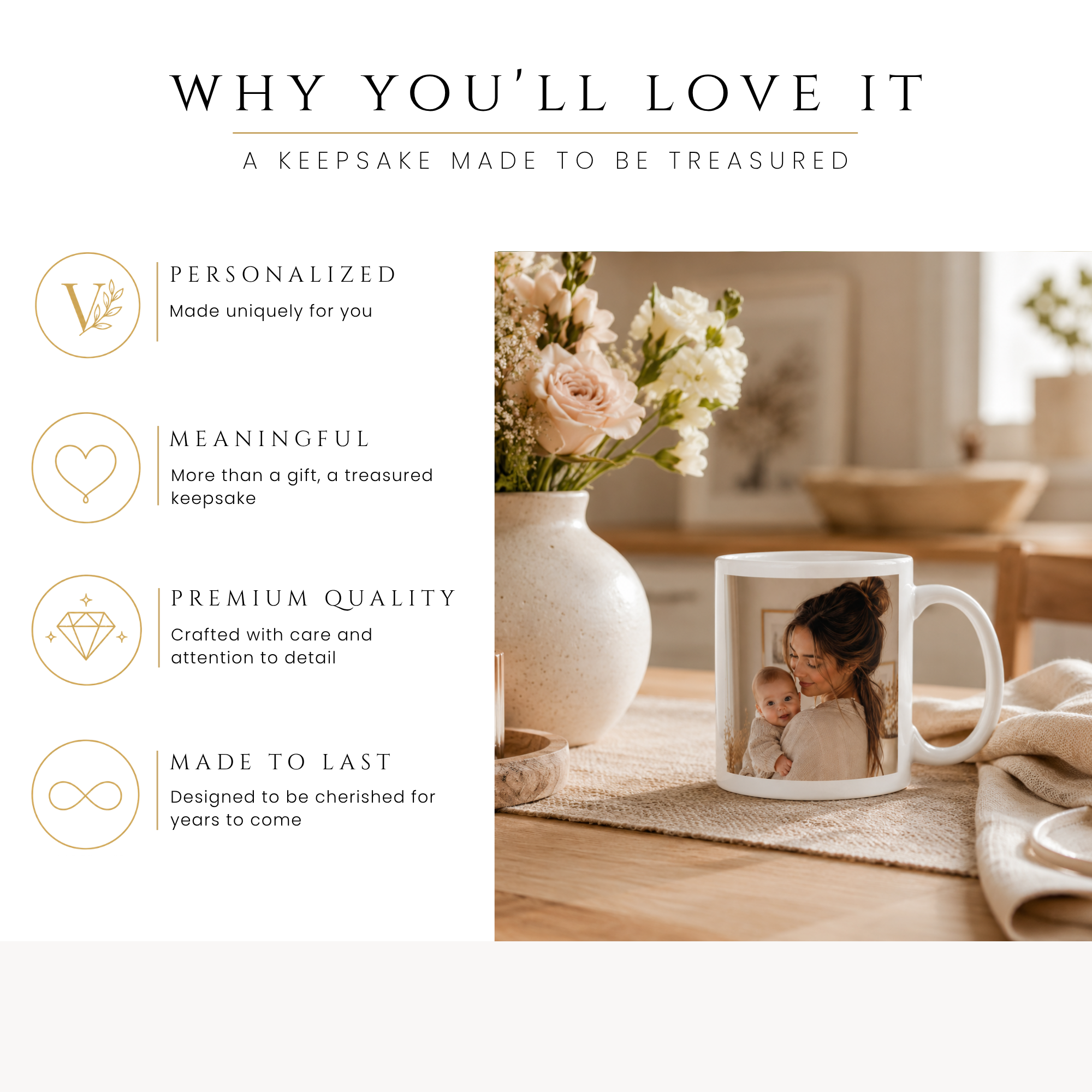 Personalized new mom photo mug, handle-side view