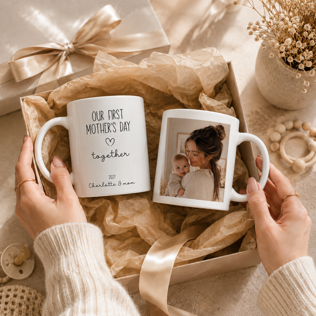 Personalized new mom photo mug in everyday use