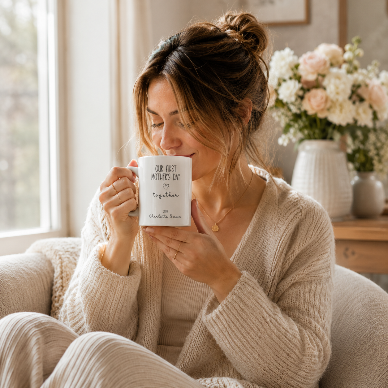 Personalized new mom photo mug size and detail view, 11oz and 15oz