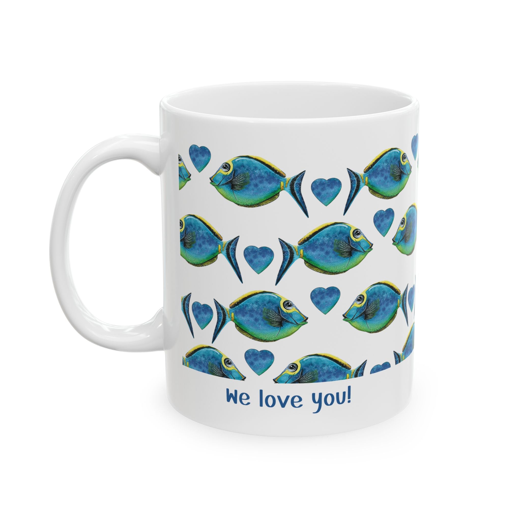 Personalized fish pattern we love you mug displayed on a desk