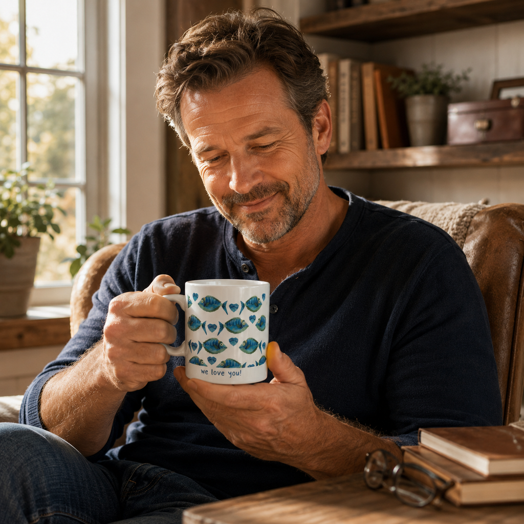 Personalized ceramic mug features — dishwasher and microwave safe