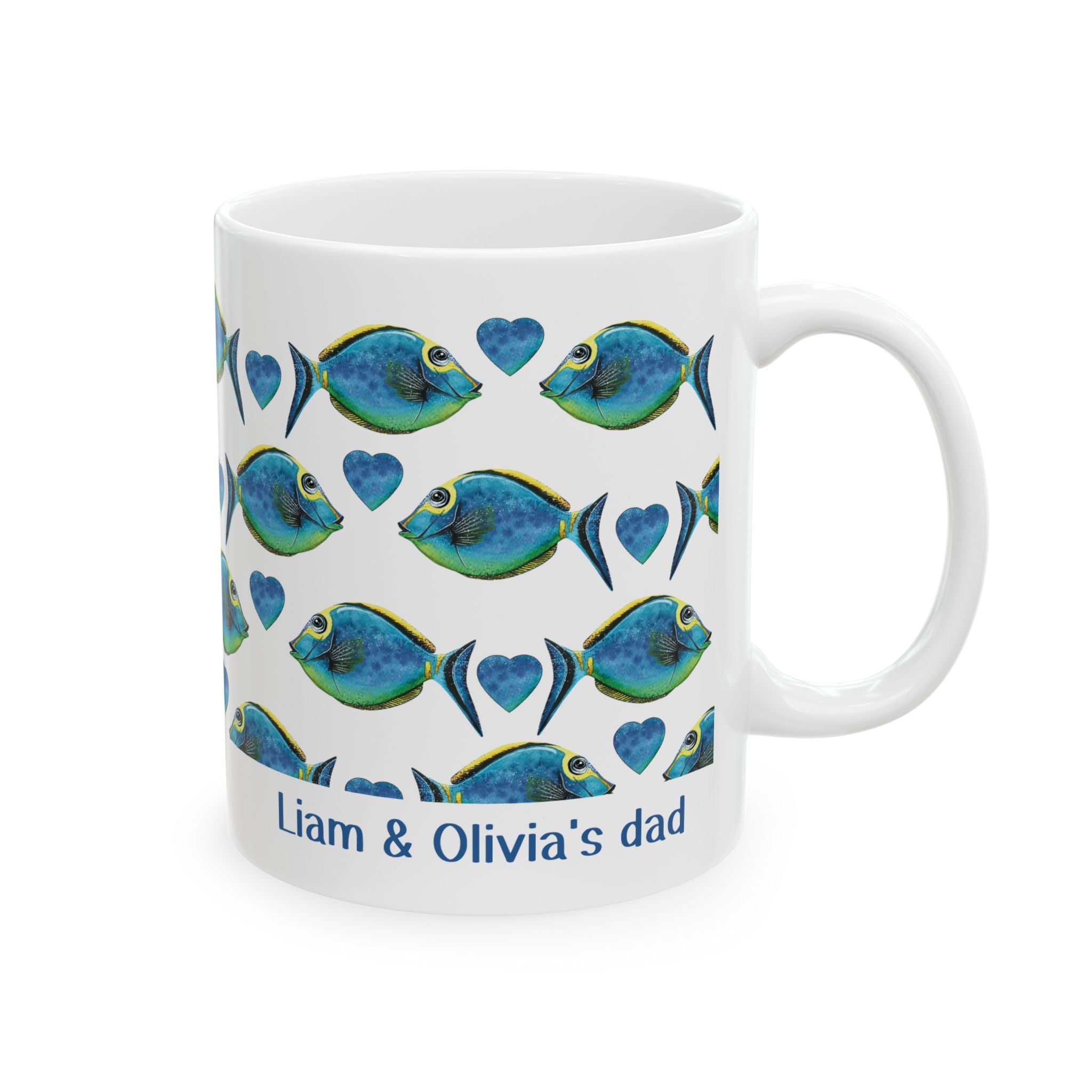 Personalized fish pattern we love you mug for dad, front view