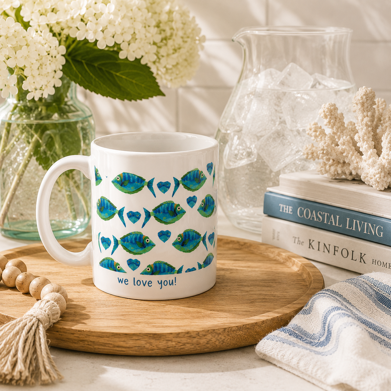 Personalized fish pattern we love you mug displayed as a gift