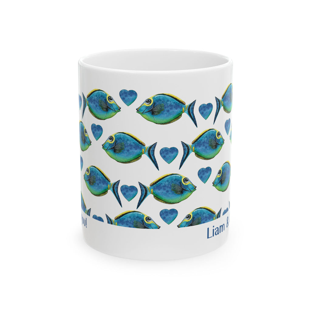 Personalized fish pattern we love you mug held in hand