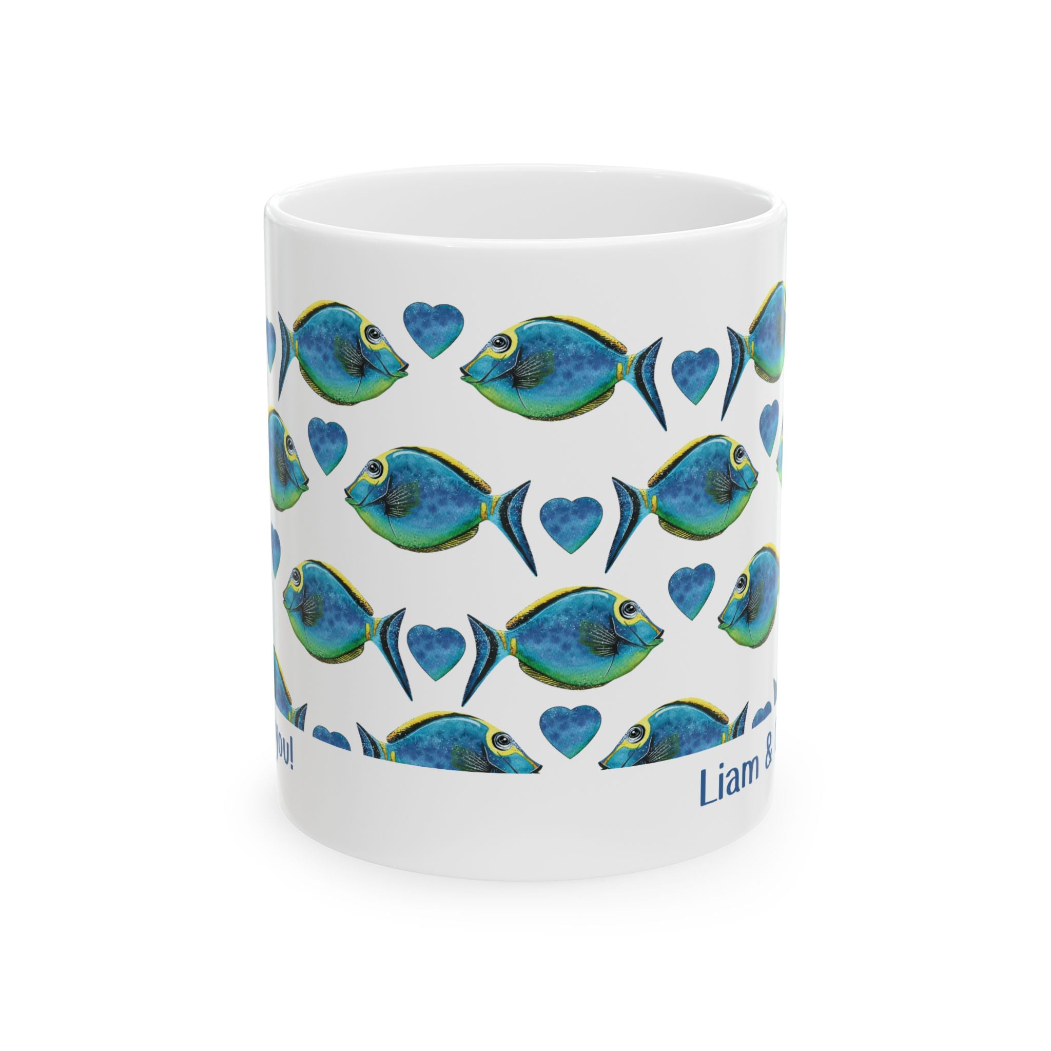 Personalized fish pattern we love you mug held in hand
