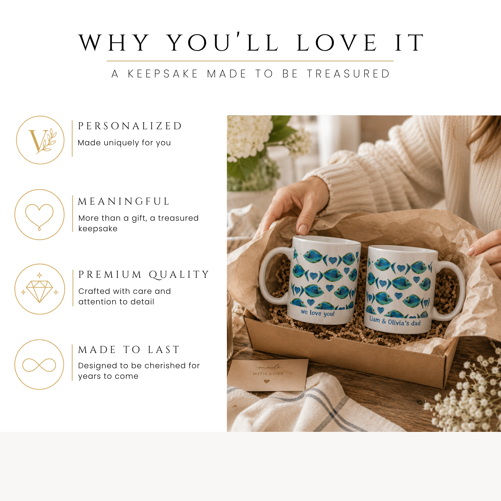 Personalized fish pattern we love you mug, handle-side view