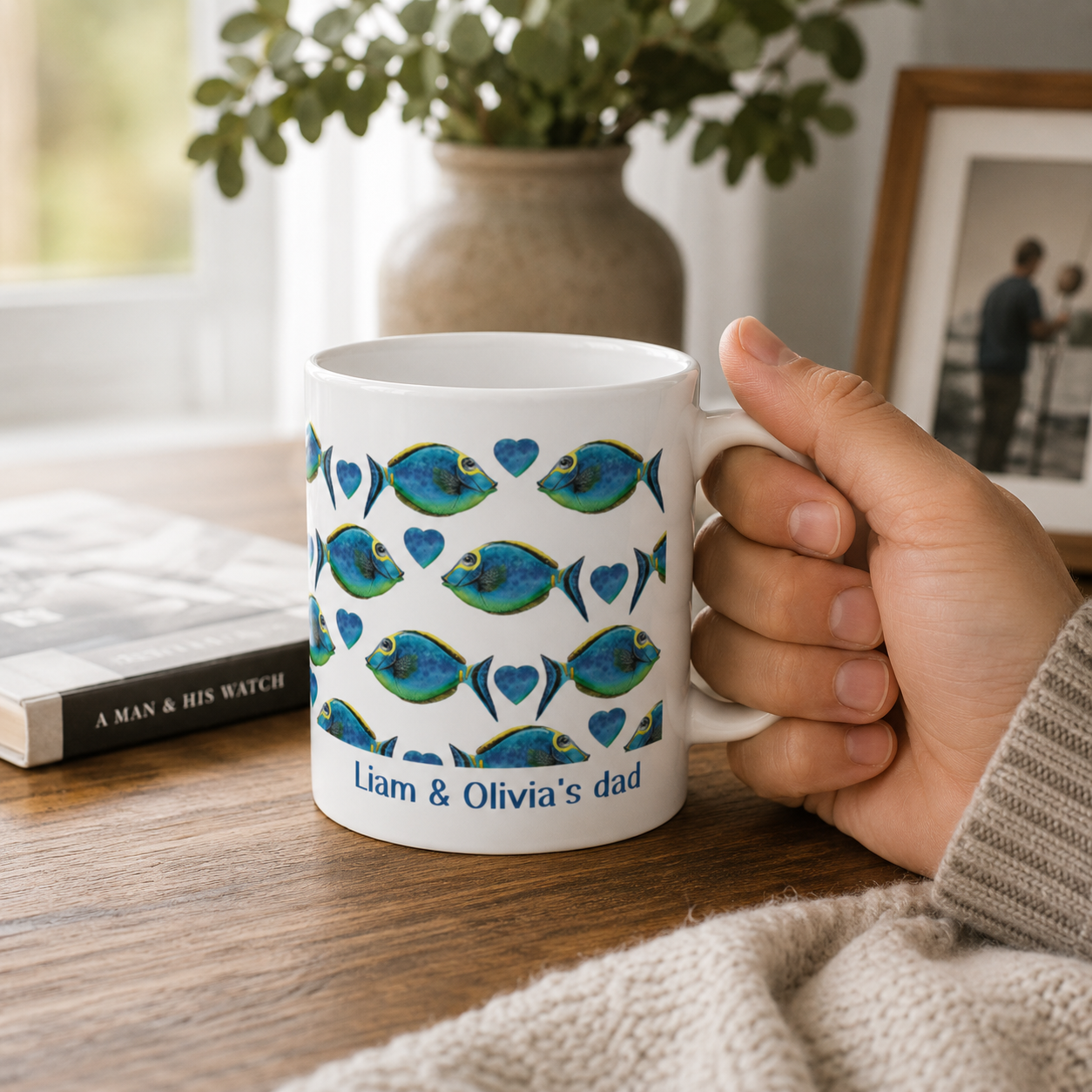 Personalized fish pattern we love you mug in everyday use