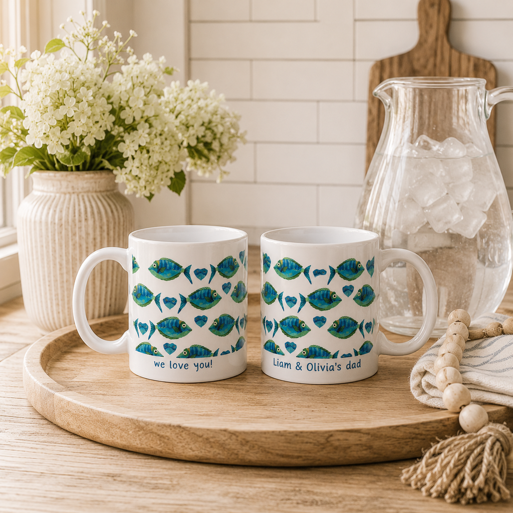 Personalized fish pattern we love you mug shown from the side